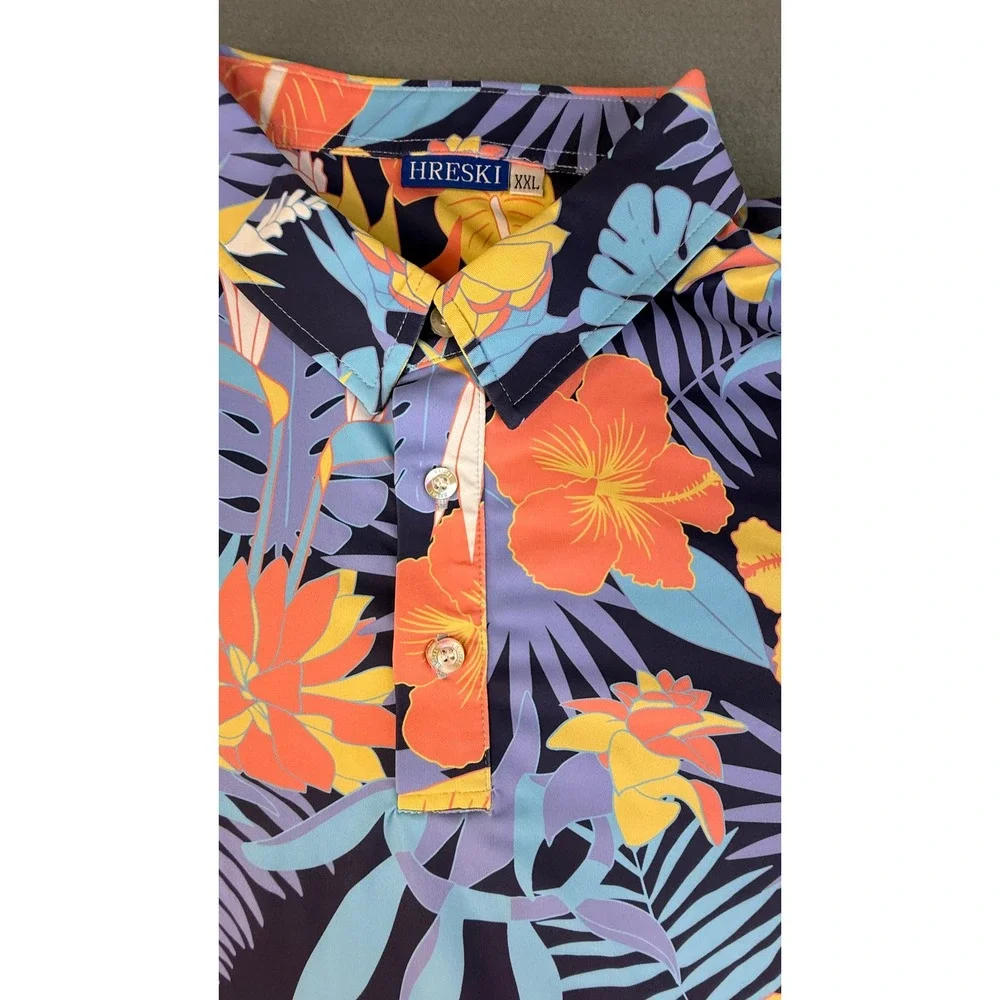 Hreski Polo Shirt Mens XXL Multicolor Tropical Floral Palm Leaf Golf Performance
